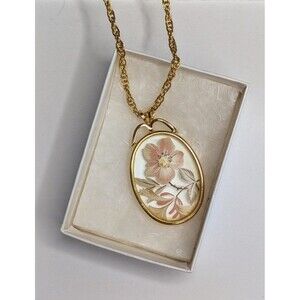 Oval Pink Floral Pendant Necklace 24" Gold Tone Chain
